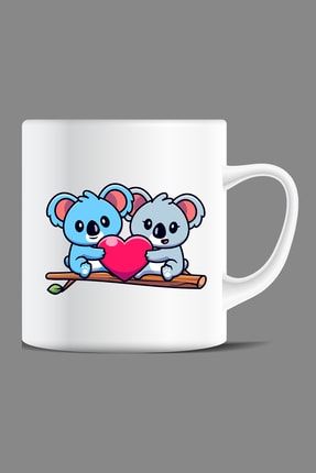 Çift Taraflı Baskılı Porselen Seramik Şaşkın Koala ve Sevgilisi Kahve Kupası RWC10531
