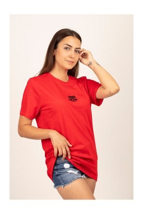 Kırmızı Basic Regular %100 Pamuk Nakışlı Kadın T-shirt LODKRMNK-1