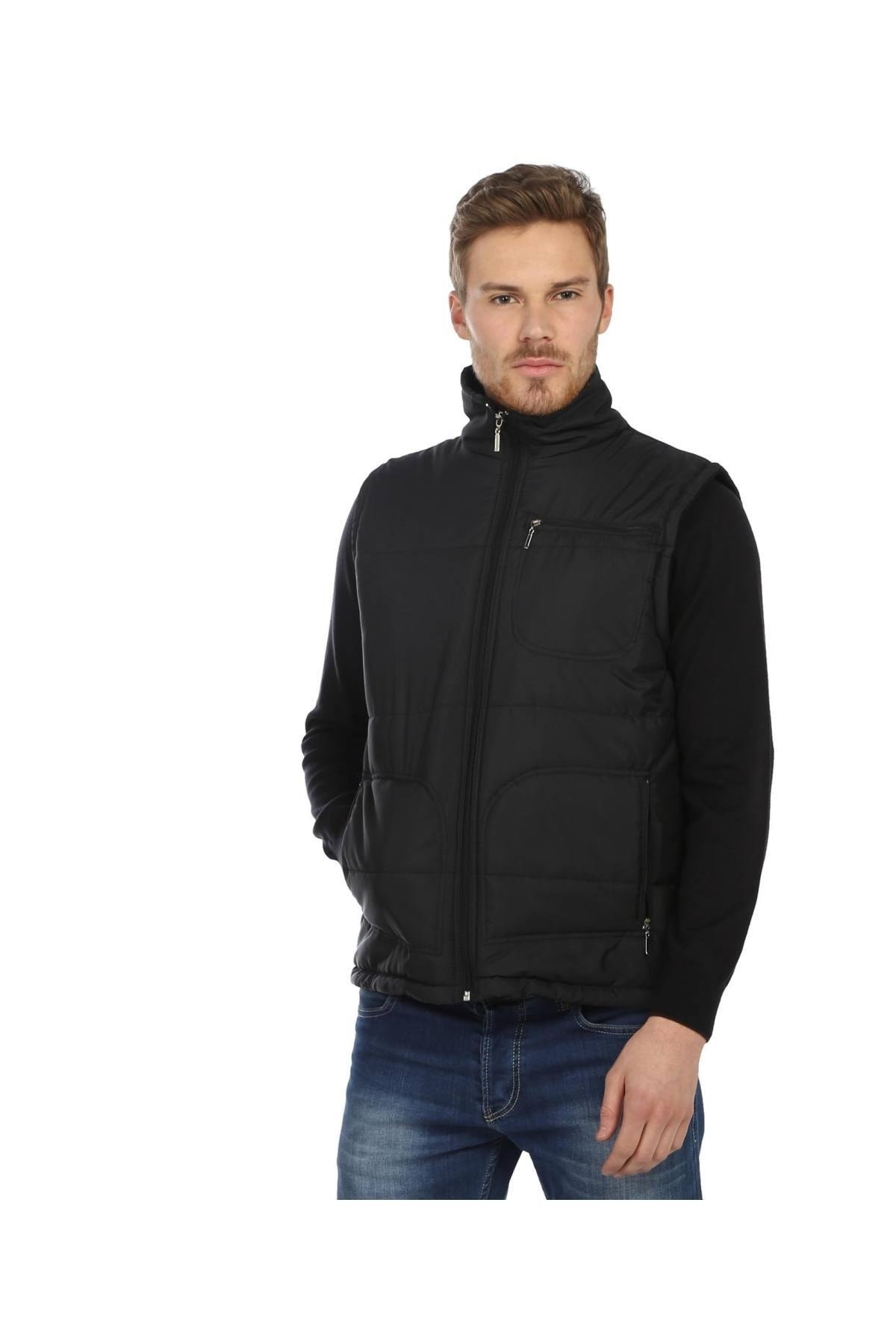 DERİNMAVİTASARIM Erkek Siyah Battal Büyük Beden Polarlı Çok Cepli Iş Yelek
