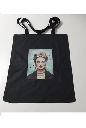 Frida Kahlo Baskılı Bez Çanta Pazar Market Çantası Kitap Çantası Siyah 648524497206512