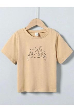 Çocuk Unisex Oversize Bej Alev Angel Baskılı T-shirt alevangel-