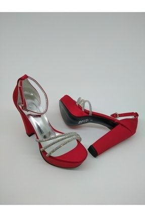 Kırmızı Saten Taşlı Platform Topuklu Kadın Abiye Ayakkabı 4001