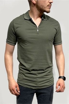 Erkek Dar Kesim Fermuarlı Polo Yaka Yeşil T-shirt KY001R0011