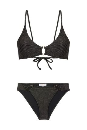 Simli Siyah Aksesuarlı Üçgen Bikini Takım 210-1014