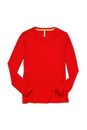 Kadın Rıckı Basic Uzun Kollu O Yaka Pamuk T-shirt Kırmızı 17001