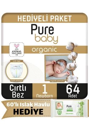 Organic Cırtlı Bez 1 Numara Newborn 64 Adet + Organic 60'lı Islak Havlu Hediye P1000025