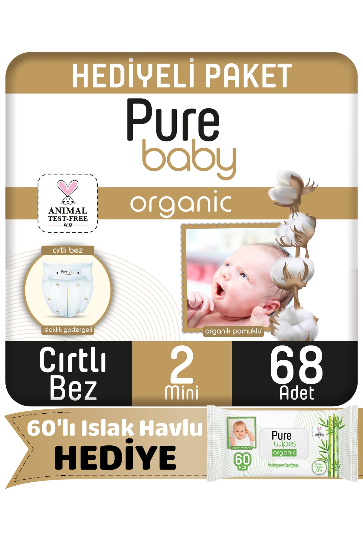 Pure Baby Organic Cırtlı Bez 2 Numara Mini 68 Adet + Organic 60'lı Islak Havlu Hediye