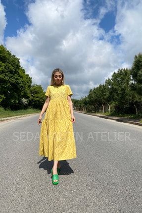 Sarı Fisto Kısa Kol Midi Elbise 22050004