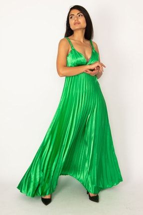 Kadın Yeşil Pilise Detaylı Boncuk Işli Uzun Abiye Elbise 85N7124