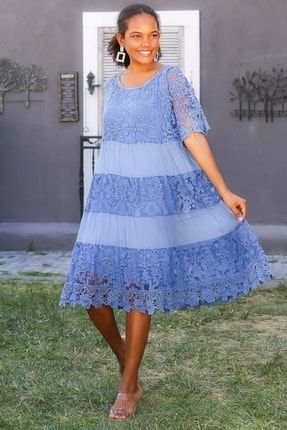 Kadın Mavi İtalyan Yuvarlak Yaka Volanlı Kol Astarlı Dantelli Oversize Klasik Dokuma Elbise M10160000EL92987