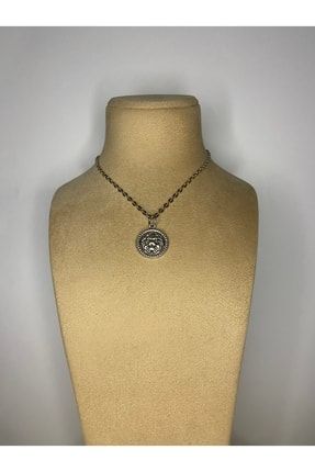 Minimal Aslan Kabartmalı Madalyon Erkek Kadın Kolye Antik Gümüş Kaplama - 60 Cm Düz Zincir RETRO1091