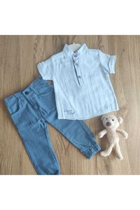 Erkek Bebek Mavi Müslin Düğmeli Gömlekli Pantolonlu 2 Li Yazlık Takım Keten 11