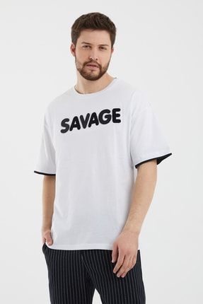 Erkek Beyaz Cırt Detaylı Kısa Kollu Oversize T-shirt SAVAGETST