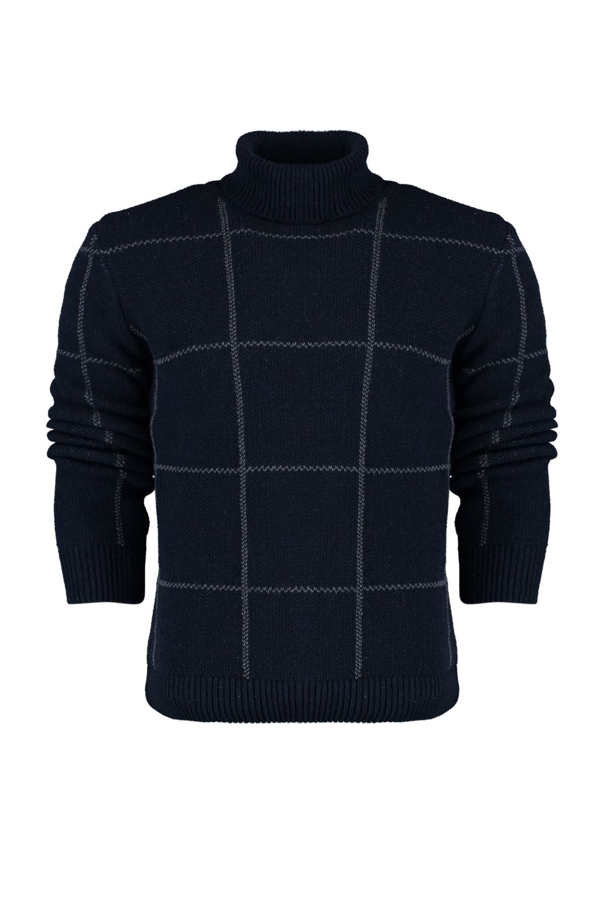 Trendyol Collection-Marineblauer Rollkragenpullover mit schmaler Passform – Woll-Karomuster TMNAW21KZ0398 6