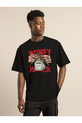 Erkek Oversize T-shirt Money Ön Baskı Siyah money-01
