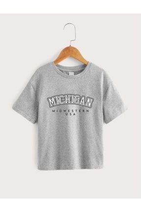 Çocuk Unisex Oversize Gri Michigan Baskılı T-shirt michigan-