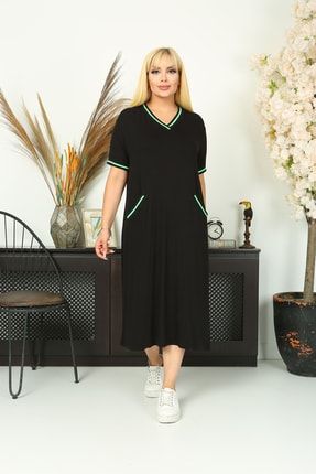 Kadın Büyük Beden Likralı Viskon Siyah Yeşil Şeritli Elbise H4050