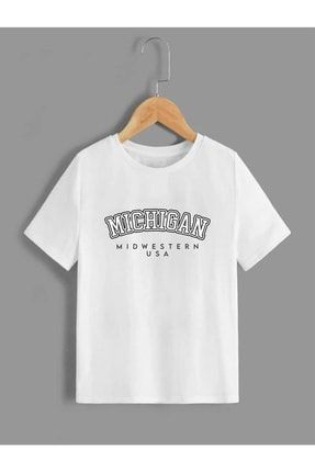 Çocuk Unisex Oversize Beyaz Michigan Baskılı T-shirt michigan-
