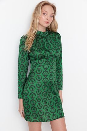 Yeşil Dik Yaka Desenli Saten Elbise TWOAW23EL00223