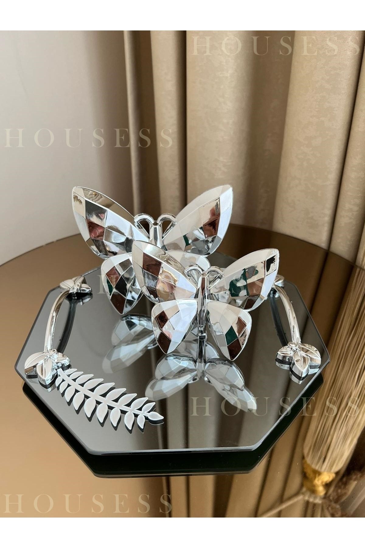 Housess-Decorative Mirrored Leaf Detailed Tray and Set of 2 Silver Butterflies 25x25 Cm 2