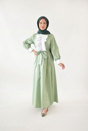 Fırfırlı Garni Yeşil Kadın Elbise 2004000