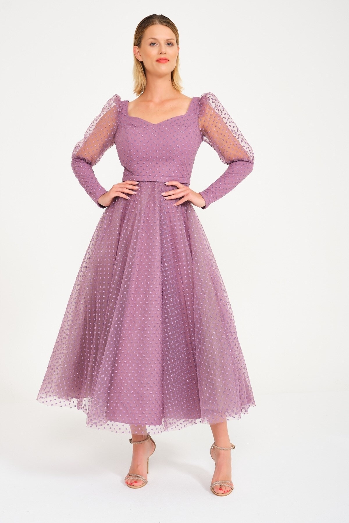 Lavender Balloon Sleeve Midi Size Evening Dress