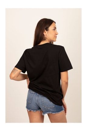 Siyah Basic Regular %100 Pamuk Kısa Kol Kadın T-shirt LODSYHKD-1