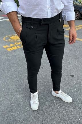 Siyah Slim Fit Düğme Detaylı Pileli Likralı Kumaş Pantolon 309
