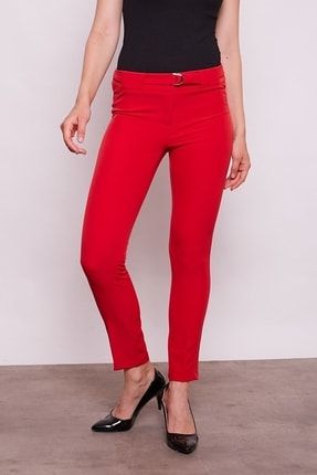 Kadın Kırmızı Renk Kalın Kemerli D Tokalı Likralı Bilek Boy Kumaş Pantolon TYC00471477235