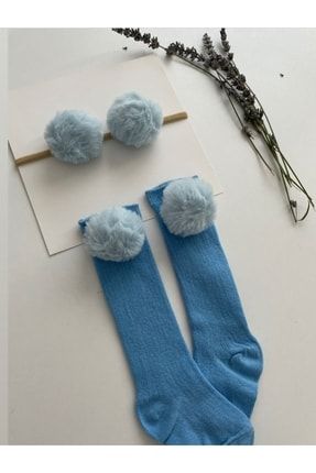 Kız Bebek Ponponlu Çorap Bandana Set Mavi Erdo10050