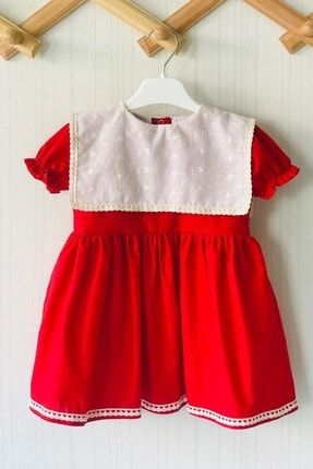 Dantel Detaylı Fisto Yaka Kırmızı Kız Çocuk Bebek Elbise 86BB5
