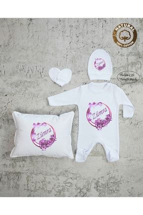 Ty K27 Isimli Kız Bebek Yastık Tulum Şapka Eldiven Set Beyaz Hastane Çıkışı %100 Pamuk YzcK2011