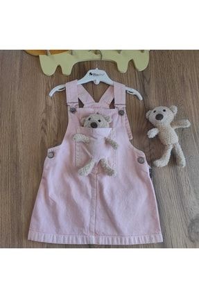 Kız Çocuk Bebek Ayıcık Oyuncaklı Pembe Jean Salopet Elbise Romper Bahçıvan Elbise TYC00431359725