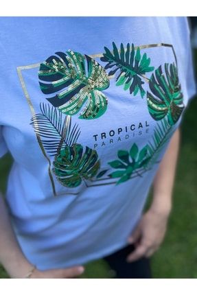 Pul Işlemeli Pamuk Tişört Tropikal Yaprak Desenli T-shirt Beyaz Bisiklet Yaka UBMTPİ