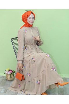 Kadın Camel Çiçek Desenli Şifon Tesettür Elbise 9029