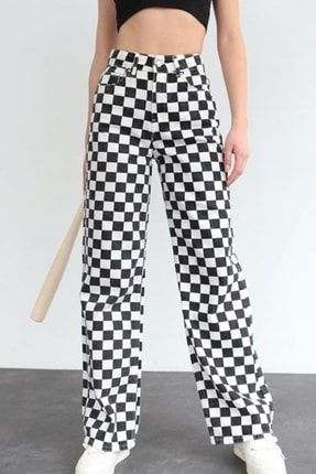 Kadın Siyah/beyaz Dama Desen Geniş Paça Damalı Kareli Palazzo Mom Jeans Kot Pantolon G1311