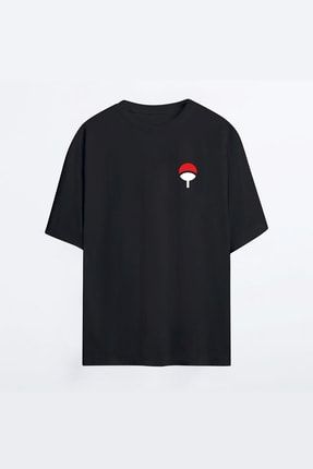 Uchiha Symbol Siyah Hg Erkek Oversize Tshirt - Tişört BHR3OT-BLCK-MAN-HG-UCHİHAS