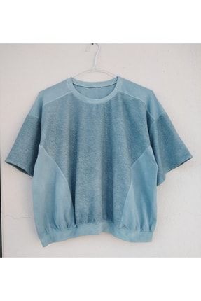 Tasarım Elboyama Batik Mavi Yarım Kol Oversize Crop Penye Dokulu Kumaş Mix Tshirt LV-0176