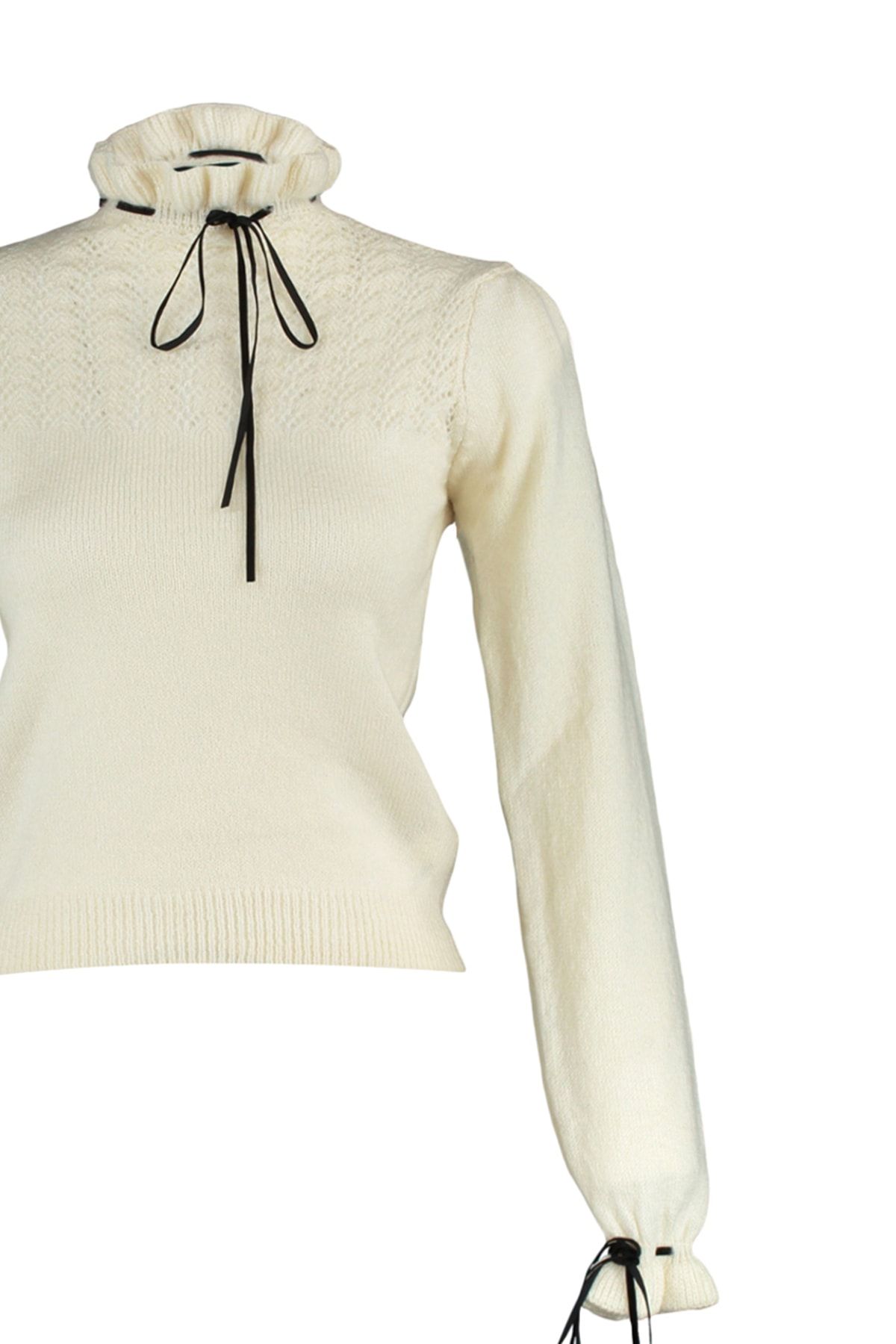 Trendyol Collection-Soft Textured Ecru Knitwear Sweater - Openwork, Hole Ribbon and Bow Detail Twoaw21Kz2355 8