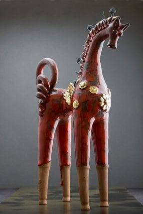 Geleneksel Çanakkale Seramiği Dekoratif At Gerçek Altın Işlemeli kızıl at1