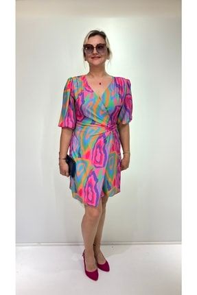 Saten Kumaş Renkli Kruvaze Elbise MARK02031