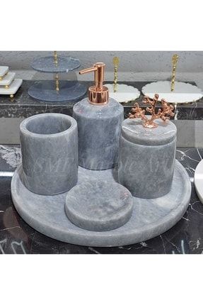 Palladium Grey - Dekoratif Doğal Gri Mermer Banyo Seti | Gold Rose Mercan | 5li | ART-242