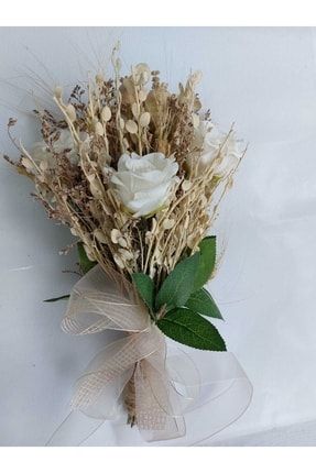 Kurutulmuş Çiçekli Beyaz Krem Renki Gelin Eli Çiçeği Gelin Buketi Nişan Buketi 027388