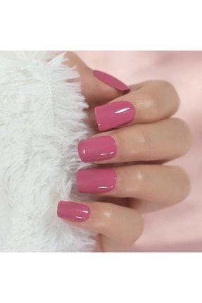 24'lü Pastel Açık Pembe Takma Tırnak Lüks Parlak Doğal Orta Boy Kare Nail Art Yapıştırıcılı Set E80