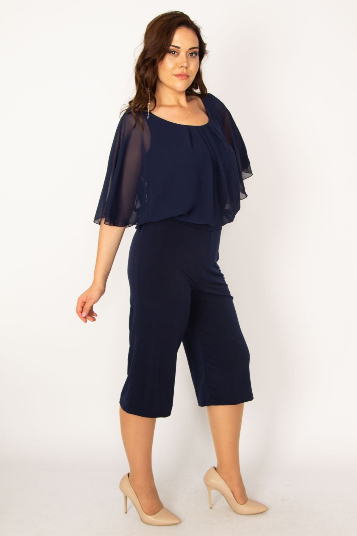 ans Women s Plus Size Navy Blue Chiffon Detailed Jersey Jumpsuit