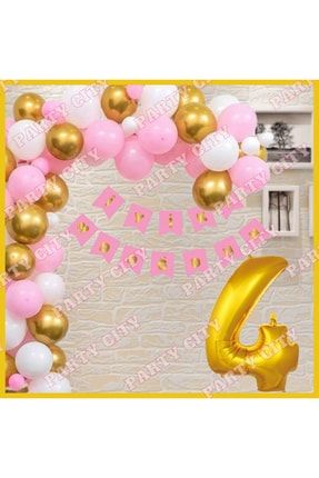 Pembe -gold Konsepti 4 Yaş Doğum Günü Parti Kutlama Seti PS00391