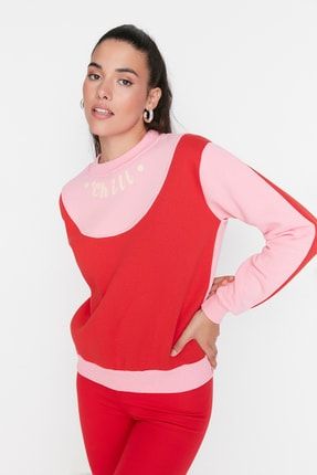 Kırmızı Renk Bloklu Baskılı Basic Kalın İçi Polarlı Örme Sweatshirt TWOAW23SW00216