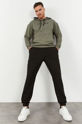 Çağla-siyah Erkek Kapüşonlu Kanguru Cep Oversize Lastik Paça Eşofman Takımı - 85117 T02ER-85117
