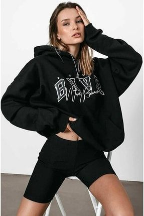 Kadın Siyah Bhvr Baskılı Oversize Kapüşonlu Sweatshirt Labanbhvr1