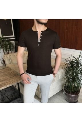 Italyan Stil Slim Fit Fermuarlı Kısa Kollu Pamuk Triko Tişört Kahverengi T7420